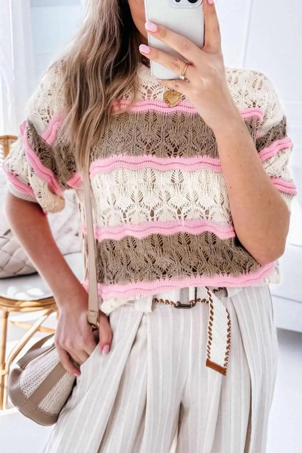 Elegant brown striped crochet sweater - Love Salve